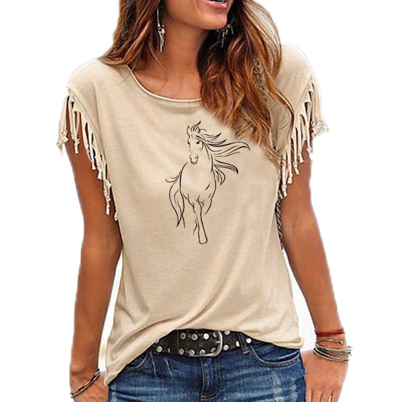 Horse Women Cotton Tassel Casual T-shirt