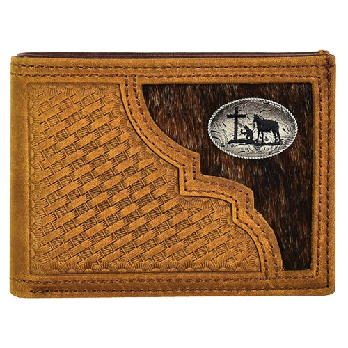 Justin Men's Bii-Fold Wallet with Hair-On and Praying Cowboy Concho