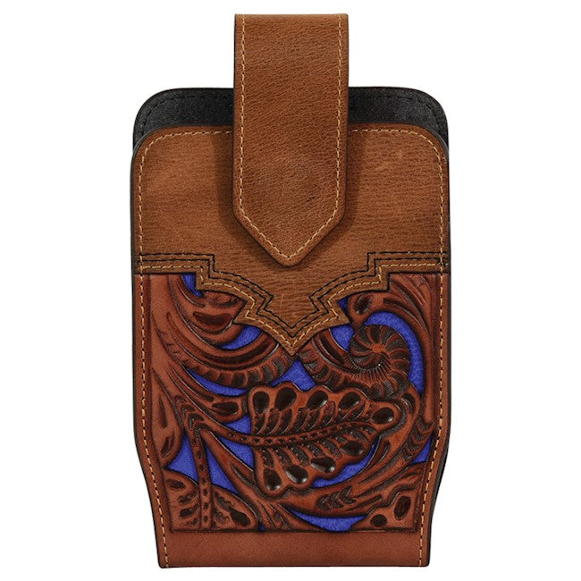 Justin Cell Phone Holster with Tooled Leather and Blue Underlay
