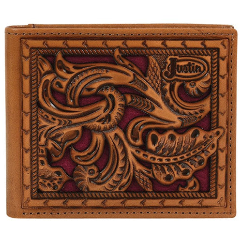 Justin Tooled Back Pocket Bi-Fold Wallet with Maroon Inlay