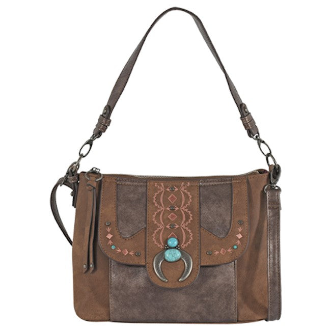 Ladies' Brushed Brown Shoulder Bag with Embroidery and Turquoise Stones