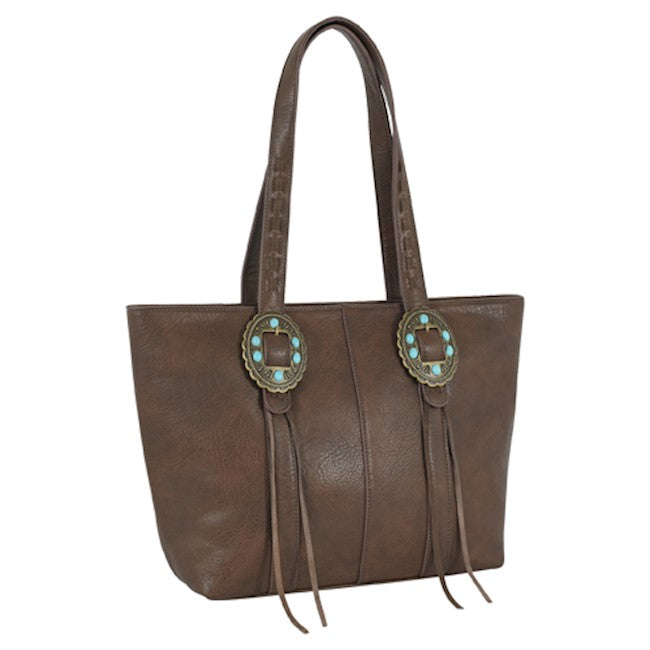 Justin Tote with Textured Brown Faux Leather and Antique Brass Conchos