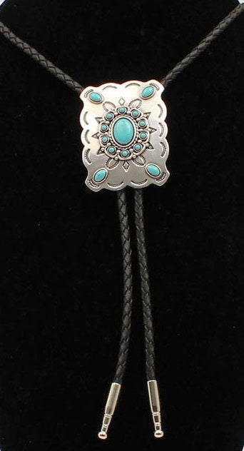 Silver Rectangle Western Bolo with Turquoise Stones