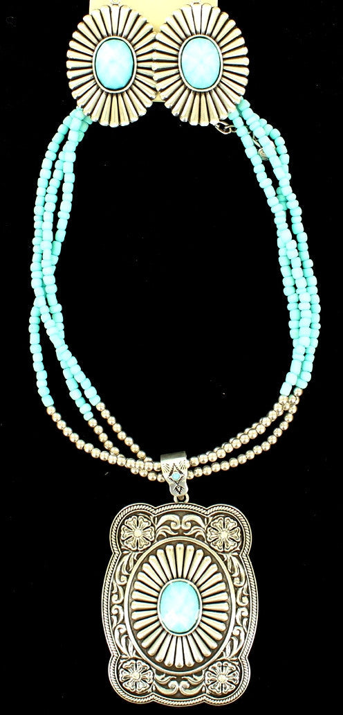 Western Silver & Turquoise Cushion Shaped Necklace and Earrings