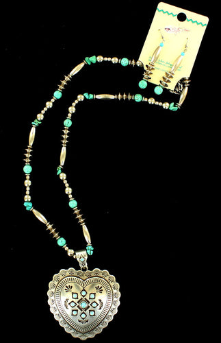 Western Silver & Turquoise Heart Shaped Necklace and Earrings