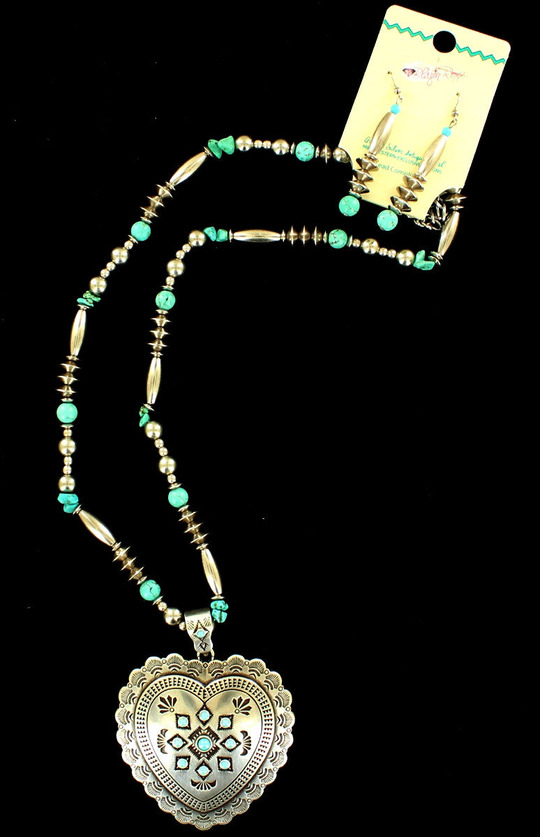 Western Silver & Turquoise Heart Shaped Necklace and Earrings