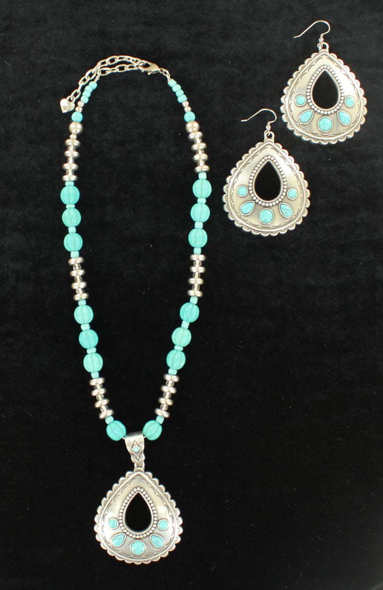 Silver & Turquoise Teardrop Necklace and Matching Earrings