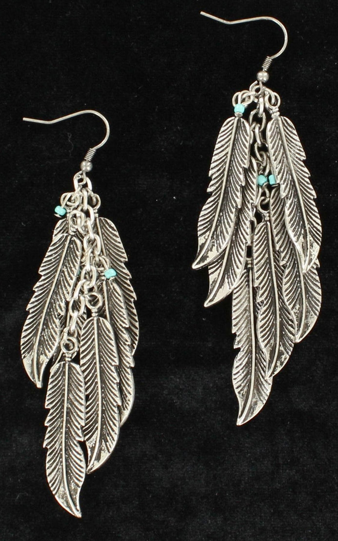Feather Drop Silver Earrings with Turquoise Accents