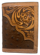 Load image into Gallery viewer, Western Ostrich and Tan Tooled Leather Tri-Fold Wallet