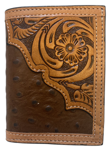 Western Ostrich and Tan Tooled Leather Tri-Fold Wallet