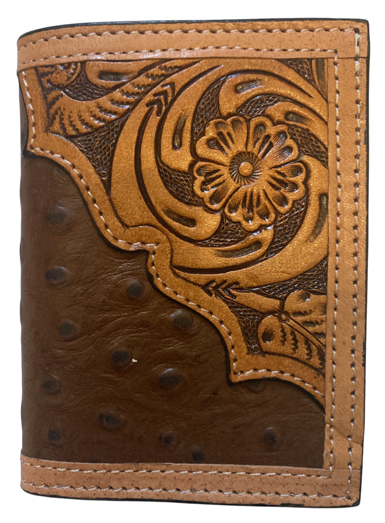 Western Ostrich and Tan Tooled Leather Tri-Fold Wallet