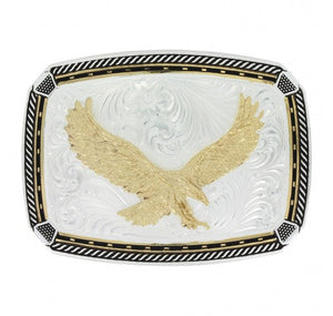 Two Tone Fastened at All Four Corners Belt Buckle with Soaring Eagle