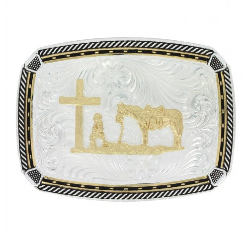 Two Tone Fastened at All Four Corners Belt Buckle with Praying Cowboy