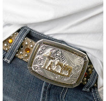 Load image into Gallery viewer, Two Tone Fastened at All Four Corners Belt Buckle with Praying Cowboy