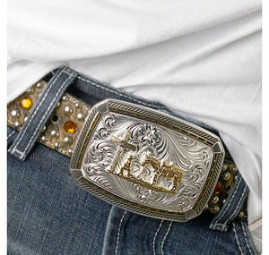 Two Tone Fastened at All Four Corners Belt Buckle with Praying Cowboy