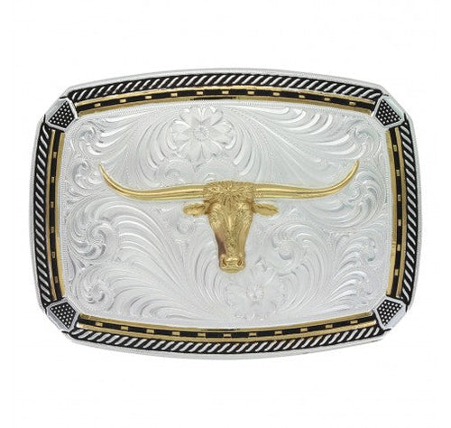 Two Tone Fastened at All Four Corners Belt Buckle with Longhorn Steer