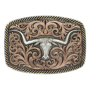 Antiqued Tri-Color Champion Texas Longhorn Belt Buckle - Made in the USA!