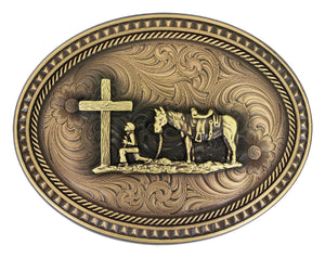 Miner's Classic Oval Buckle with Christian Cowboy Figure