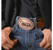 Load image into Gallery viewer, Miner&#39;s Classic Oval Buckle with Christian Cowboy Figure