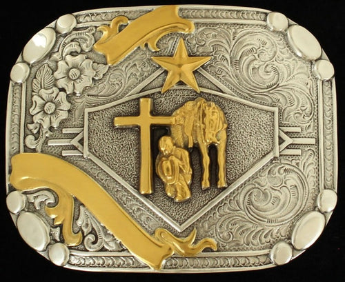 Rectangle Smith Edge Double Ribbon Cowboy Prayer Belt Buckle