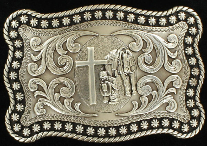 Men's Antique Silver Buckle with Praying Cowboy