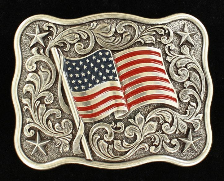 Scrolled Belt Buckle with USA Flag