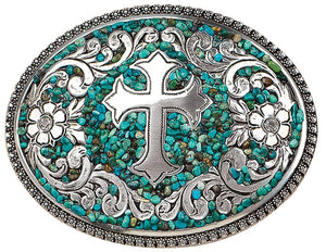 Ladies' Western Belt Buckle with Turquoise Stones & Cross