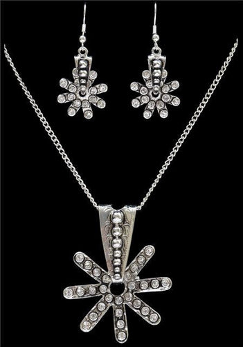 (3DB-EN2240) Western Silver Strike Spur Rowel & Crystal Necklace & Earrings