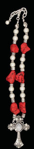 (3DB-BJ1001ASCO) Western Pearl & Coral Beaded Cross Necklace