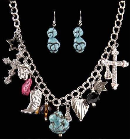 (3DB-BNE1101M) Western Turquoise and Charm Necklace and Matching Earrings
