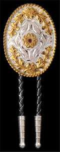 (3DB-BT106) Western Gold & Silver Oval Bolo Tie with Red Crystal