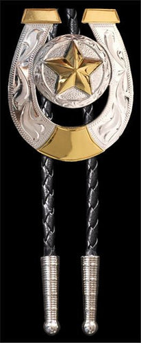 (3DB-BT111) Western Gold & Silver Horseshoe Star Bolo Tie