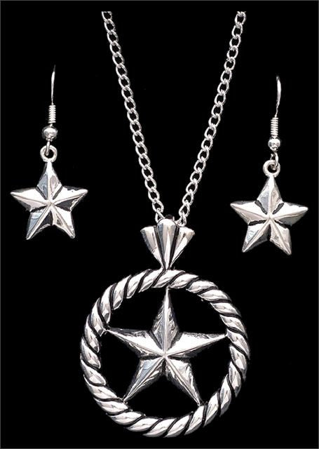 (3DB-EN1200) Western Silver Strike Star Necklace & Earrings