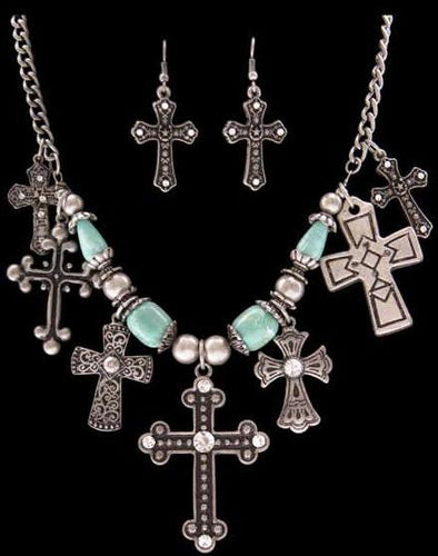 (3DB-FSET0106) Western Silver, Black & Turquoise Necklace & Matching Earrings