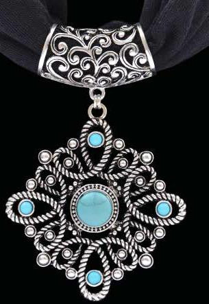 (3DB-HPS1007BK) Western Silver & Turquoise Pendant with Black Scarf