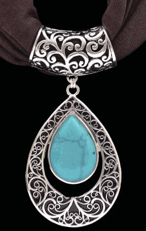 (3DB-HPS1008BR) Western Turquoise & Silver Pendant with Brown Scarf