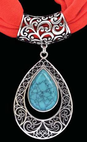 (3DB-HPS1008RD) Western Turquoise & Silver Pendant with Red Scarf