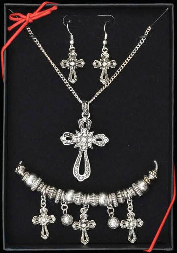 (3DB-JG002) Western Antique Silver Cross Neclace, Earrings and Bracelet