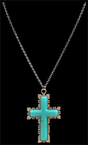 (3DB-N017) Western Turquoise Cross Necklace With Aztec Silver Edge