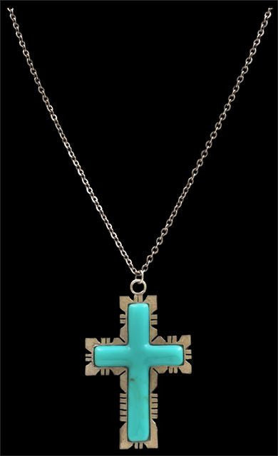 (3DB-N017) Western Turquoise Cross Necklace With Aztec Silver Edge