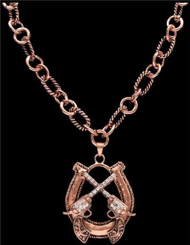 (3DB-N13070710) Western Copper Toned Crossing Pistols & Horseshoe Necklace