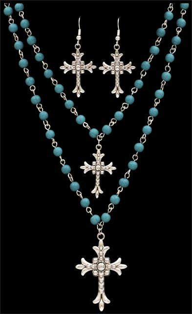 (3DB-NE016) Western Turquoise Beaded Cross Necklace and Earrings