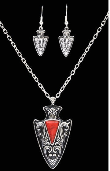 (3DB-NE0219ASRD) Western Antique Silver & Red Arrowhead Necklace & Matching Earrings