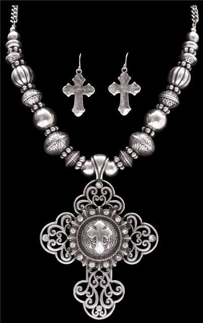(3DB-NE1101SB) Silver Strike Cross Necklace & Earrings