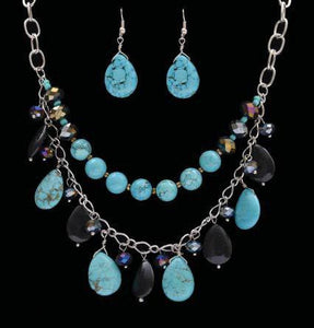 (3DB-NE1400BLK) Western Turquoise & Black Beaded Necklace with Matching Earrings