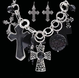 (3DB-NE1480ASBK) Western Black & Silver Cross Necklace with Matching Earrings