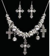 (3DB-NE1594AS) Western Antique Silver Cross Necklace with Matching Earrings