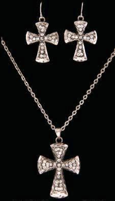 (3DB-NE2105C) Western Antique Silver Cross Necklace with Matching Earrings
