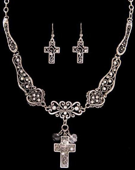 (3DB-NE30231BS) Western Silver & Black Cross Necklace with Matching Cross Earrings