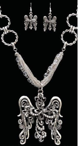 (3DB-NE4018ASCY) Western Antique Silver Cross & Angel Wings Necklace and Earrings